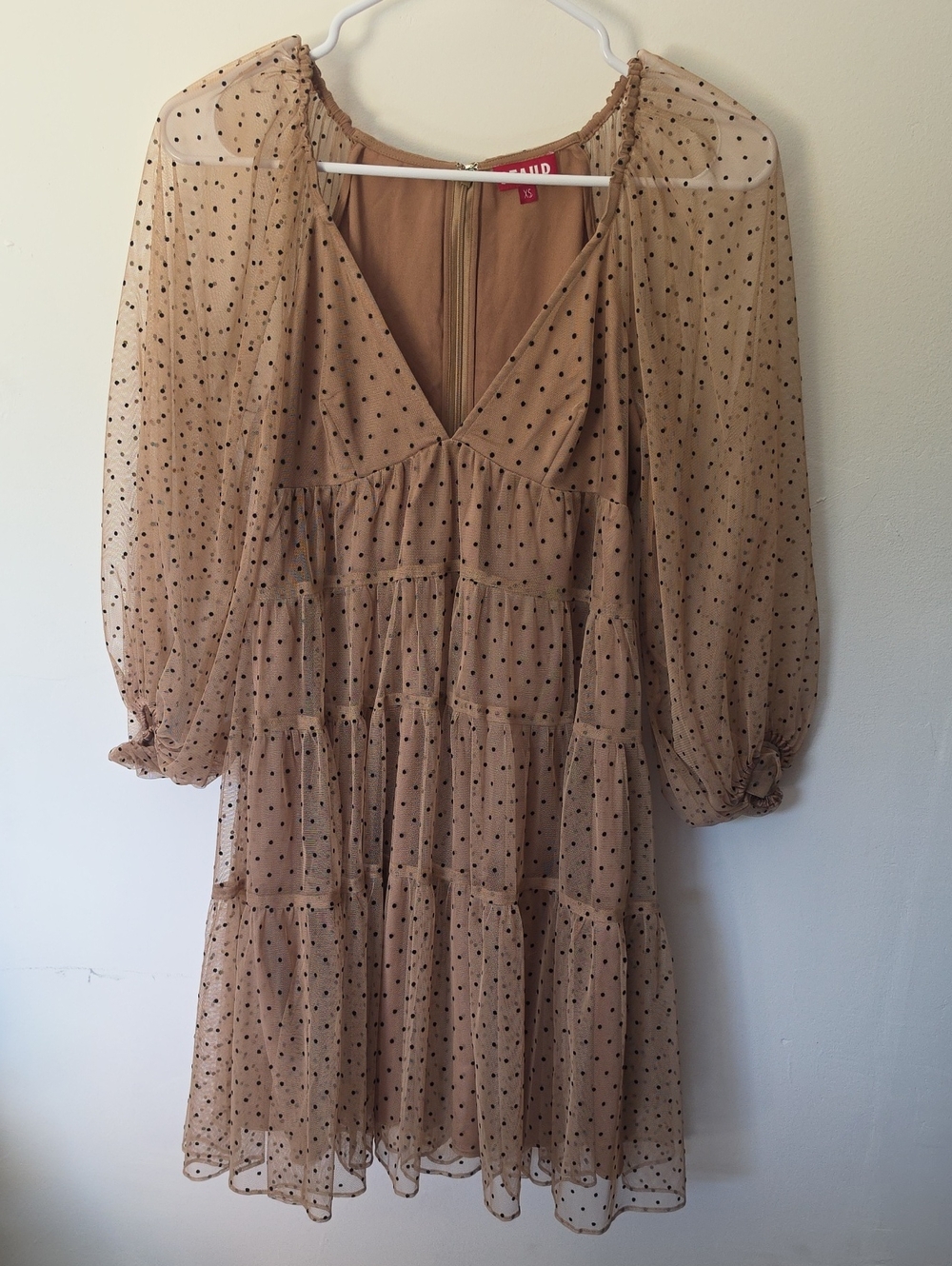 STAUD Beige Polka Dot Tiered Mesh Dress